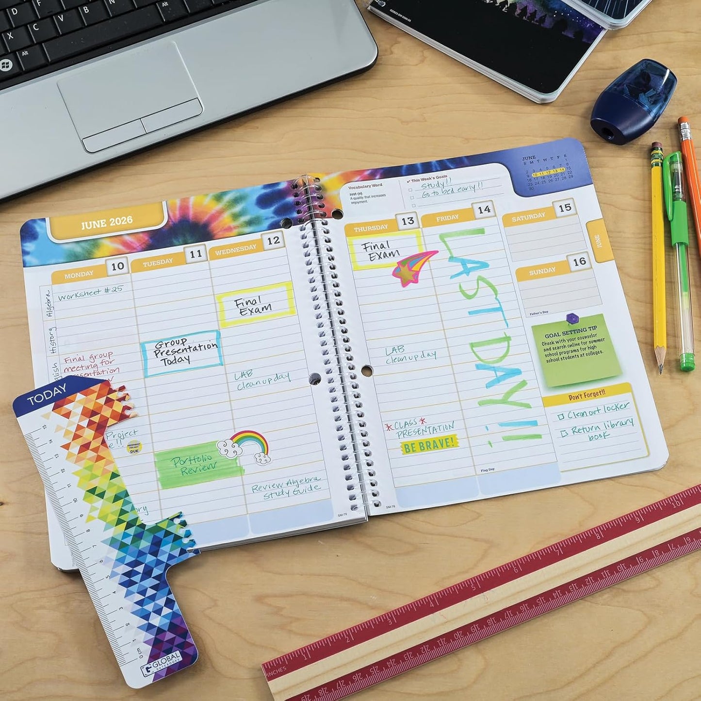Global Datebooks Dated Middle School or High School Student Planner for Academic Year 2025-2026 Includes Ruler/Bookmark and Planning Stickers (Matrix Style - 7"x9" - Rainbow Silhouette)