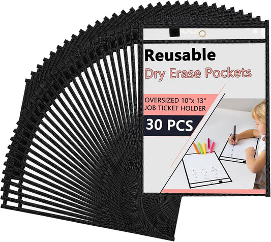 Antner 30 Packs Oversized Dry Erase Pockets Reusable Sleeves 10x13 Job Ticket Holders, Clear Plastic Dry Erase Pouches Heavy Duty Sheet Protectors for Teacher School Classroom Office Supplies, Black