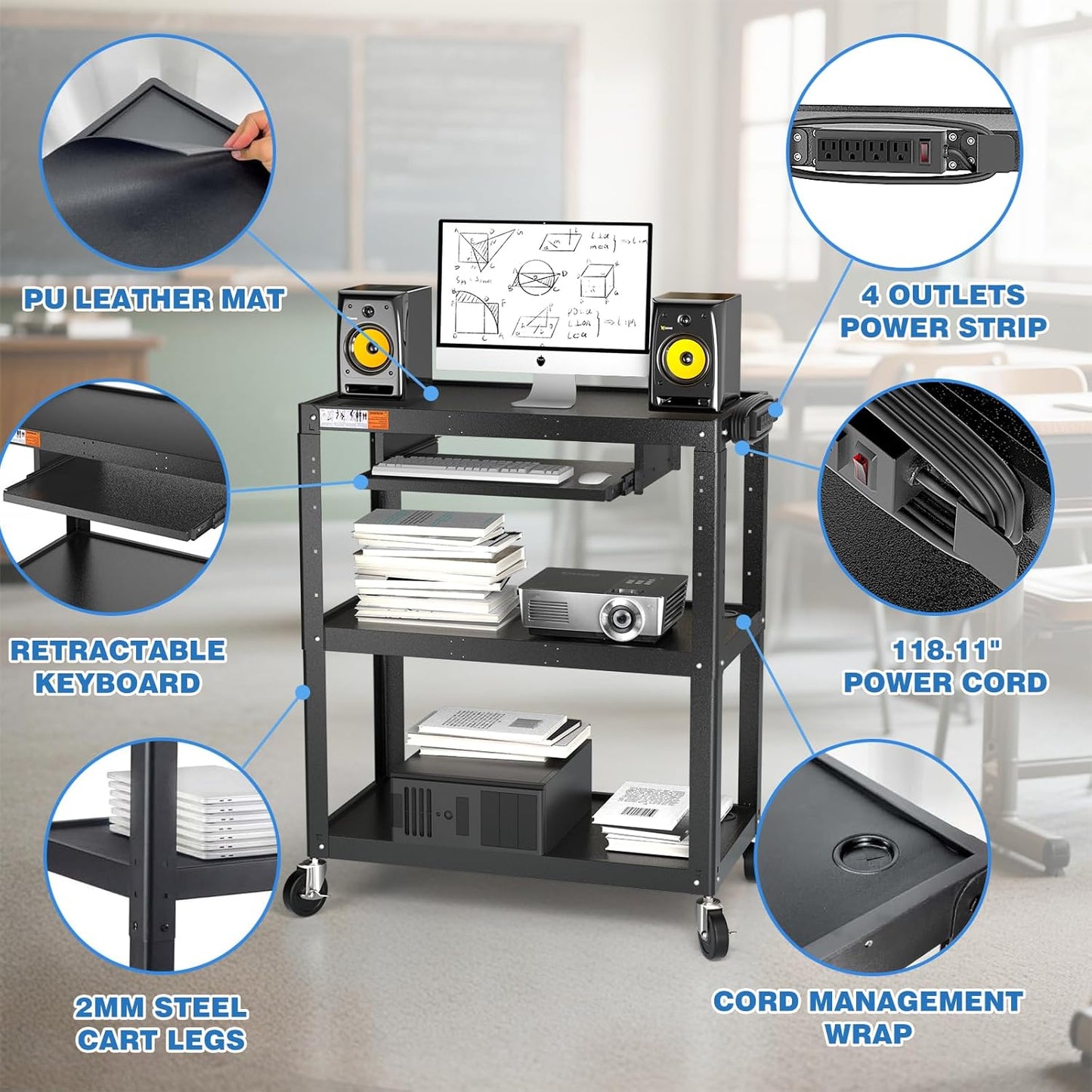 Extra Large Rolling Computer Cart with Power Strip - 3 Tier Steel Utility AV Cart with Wheels - Height Adjustable Mobile Workstation Media Carts for Presentation Office Classroom, 34" x 18" x 42"
