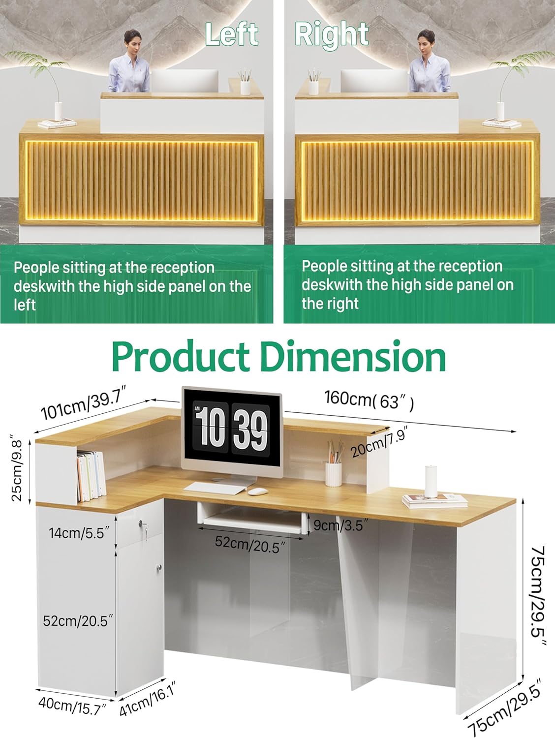L Shaped Reception Desk, Solid Wood Front Desk with Counter & Lockable Drawers, Retail Checkout Customer 2 Person Secretary Desks for Home Office Lobby Store (63in,Right)