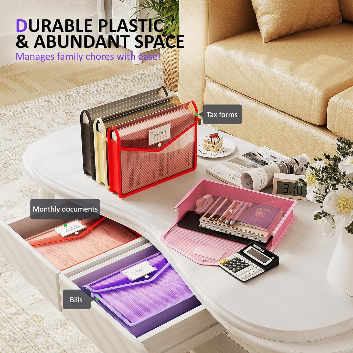 ThinkTex Plastic Expanding File Folder, Transparent envelopes with Snap Closure,No Dividers,Large Capacity,Document Organizer for Receipts, Bills&Taxes,Letter/A4 Size for School/Office/Home-5 Pack