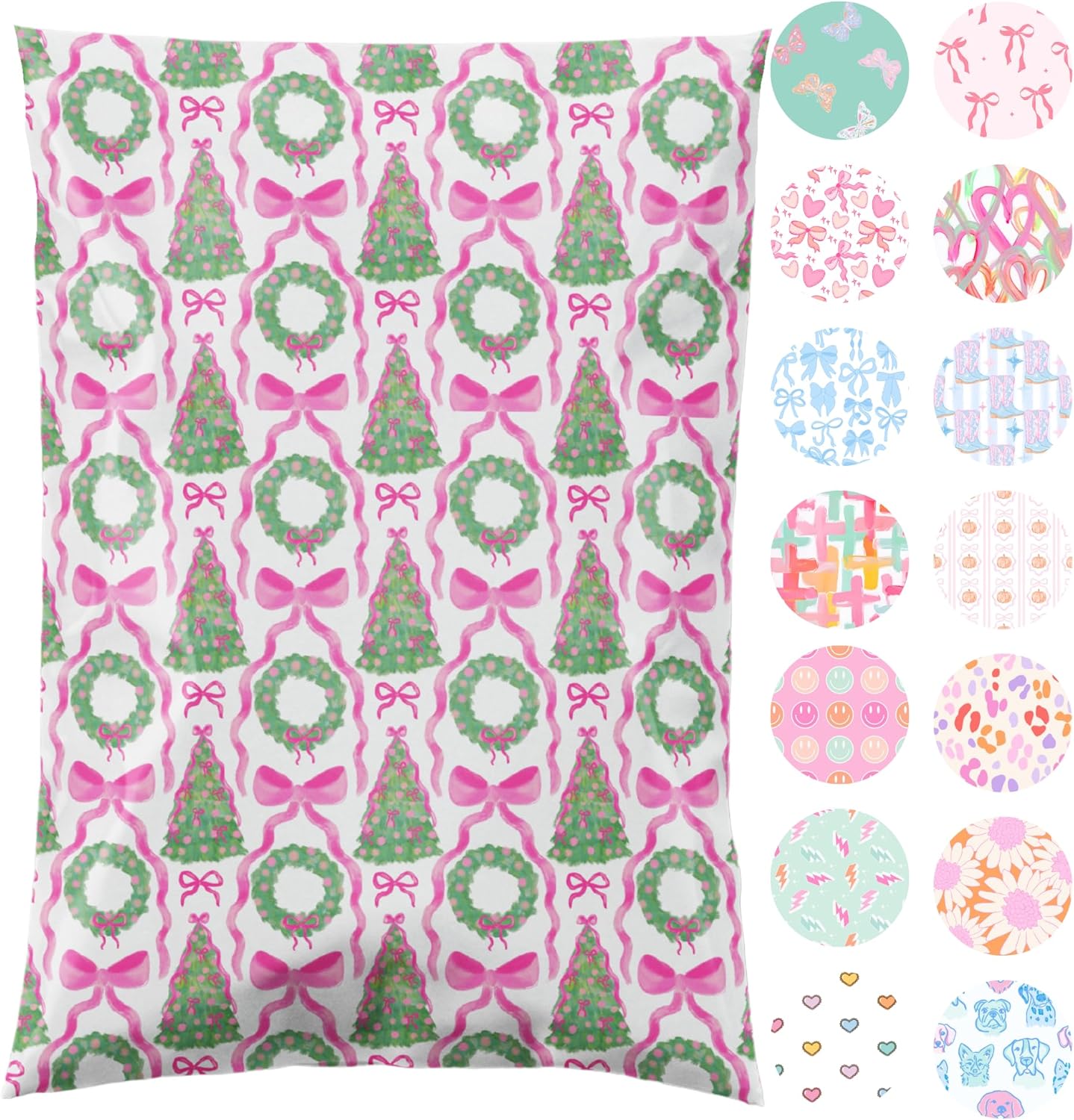 14.5x19 Designer Poly Mailer 100 Pack Heavy Duty Waterproof Self Seal Shipping Bags for Small Business Large Mailing Envelopes Bulk Tear Resistant Packaging Coquette Christmas Holiday Bows