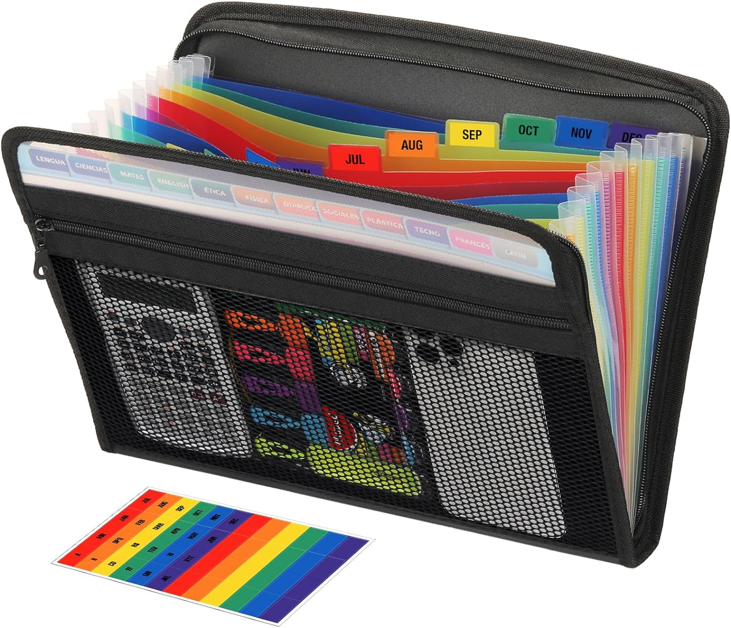 H4D Zippered Accordion File Organizer with Front Mesh Pouch, 13 Pocket Expanding File Folder, Fit for Documents Letter Size A4 Papers, Black