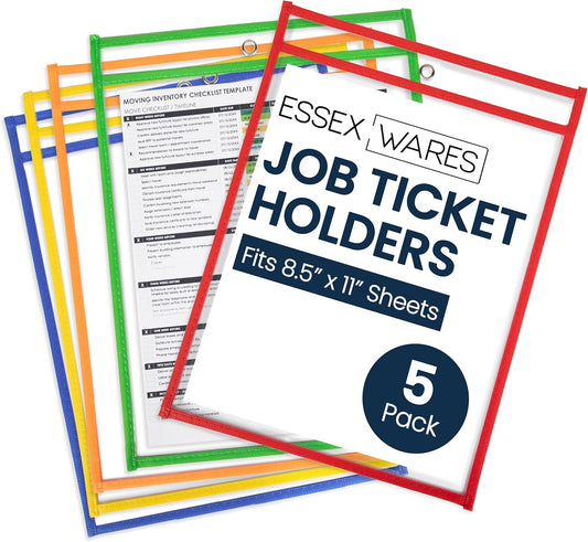 Essex Wares - 5 Pack, Assorted, Job Ticket Holders, 10" Wide x 13.5" Tall - Clear Plastic Shop Ticket Holders - Easy to Use, Reusable & Easy Erase Plastic Invoice Holders, Water-Resistant & Durable