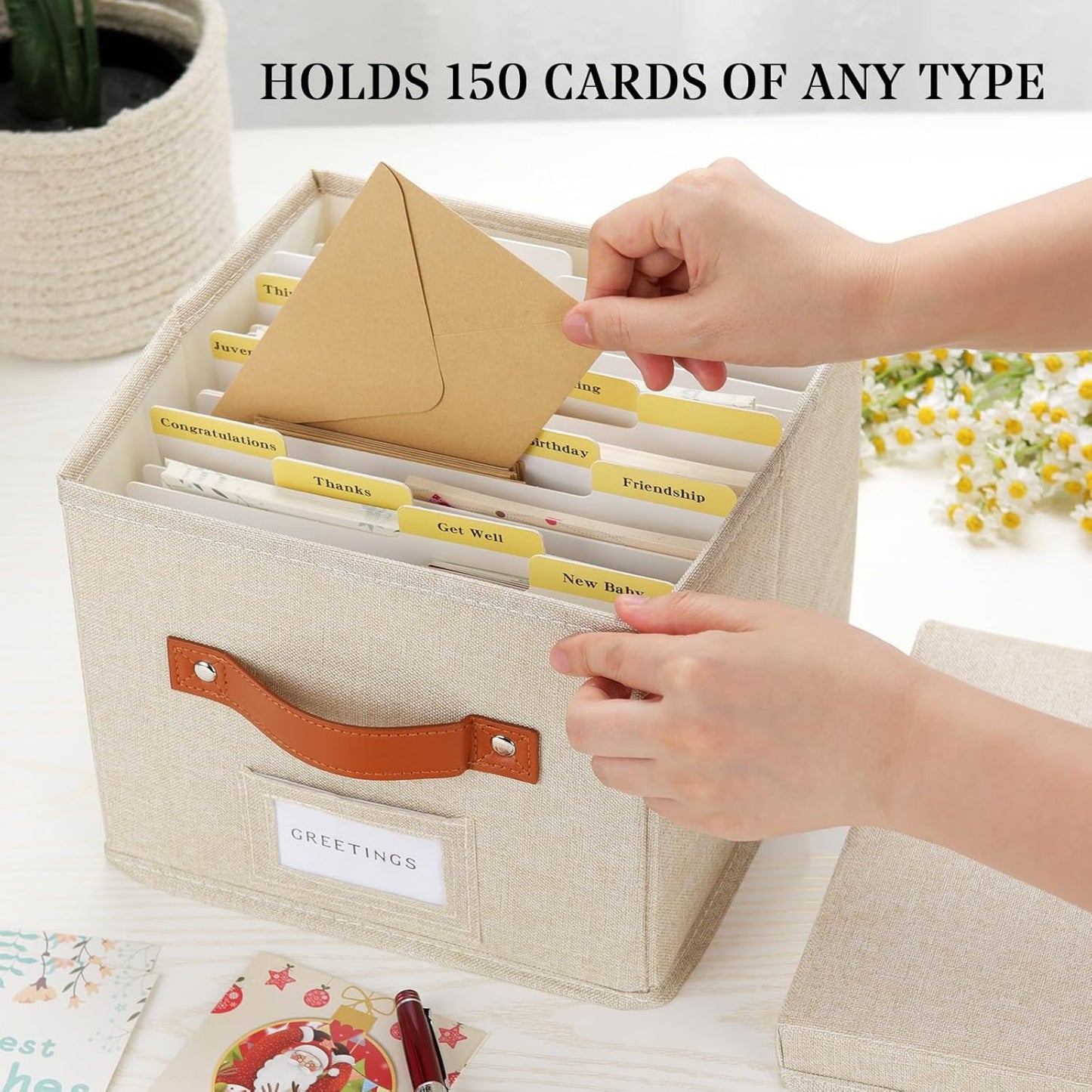 Greeting Card Organizer with dividers - Storage Box with lid Holds 150+ Cards - Assortment Box for Greeting Cards,Recipes, Photos, Envelopes, Keepsake - 9 x 9 x 7 Inches (Beige, 1 pcs)