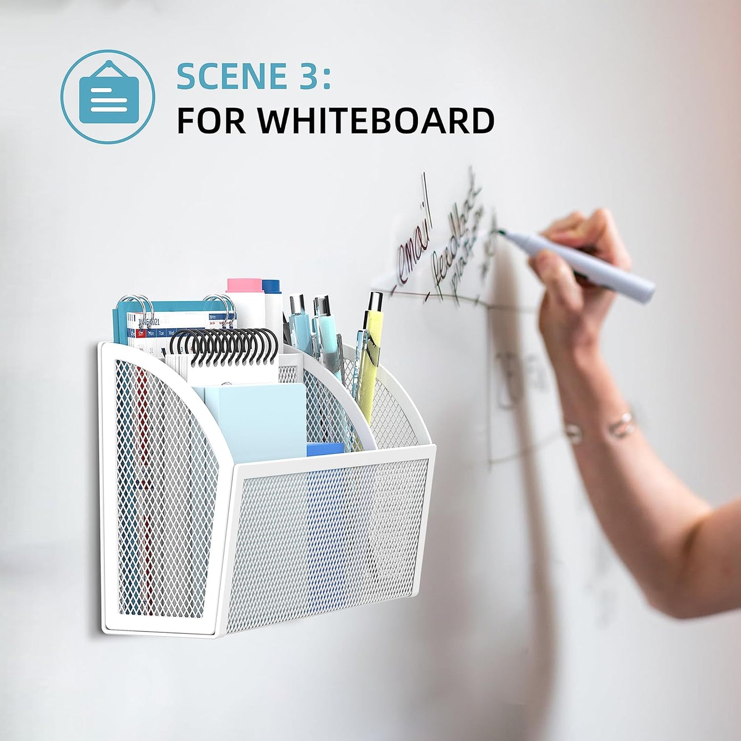 DALTACK Magnetic Pencil Holder Magnetic Shelf for the Whiteboard 3-Grid Mesh Magnetic Pen Holder for Refrigerator Magnetic Organizer Locker Accessories Organizer for Home, School and Office, White