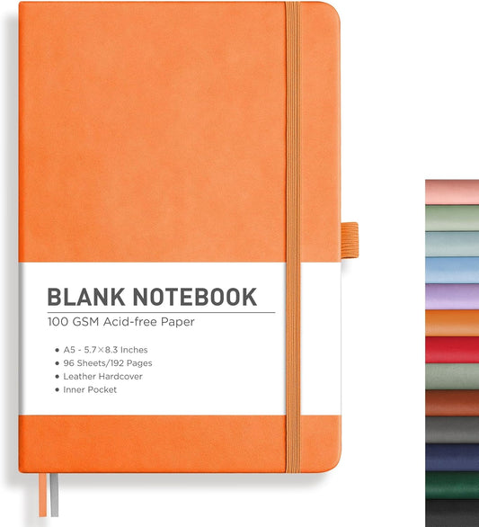 RETTACY Blank Journal Notebook, 192 Pages, A5 Medium Size (5.7'' x 8.3''), Leather Hardcover, 100 GSM Thick Paper, for Sketching, Drawing, Painting (Orange)