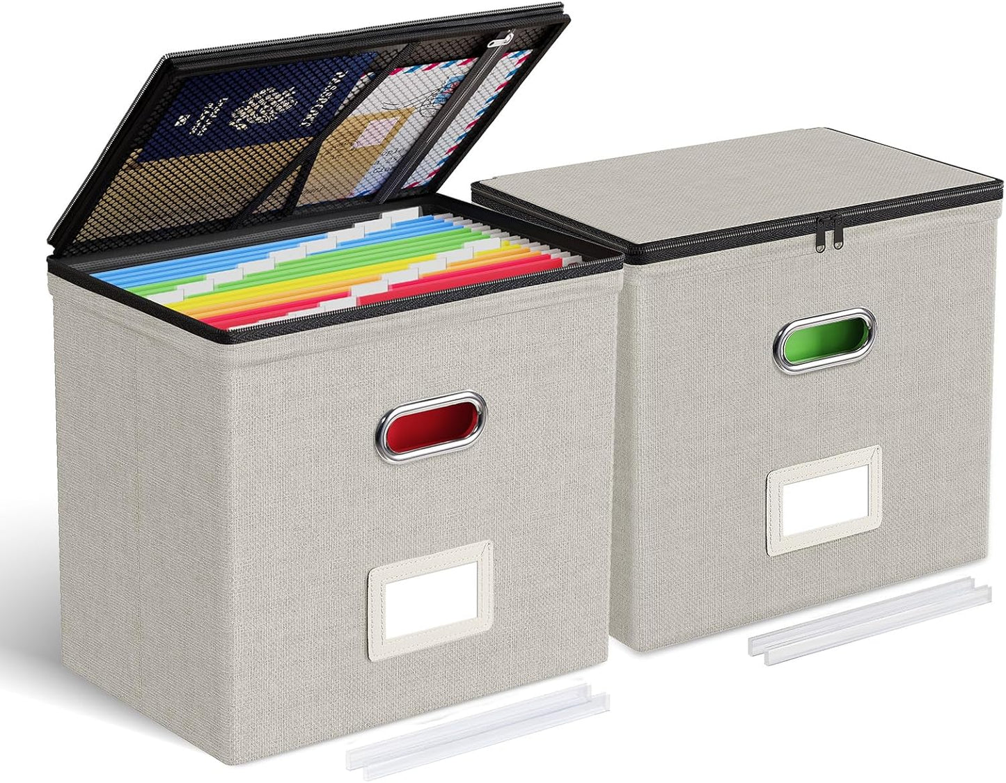 Oterri File Organizer Boxes with Lids, File Box with Mesh Pockets, Document Organizer Box for Letter Size Folders, Zippers Important Document Organizer (Beige, Small-2 Pack Without Folders)