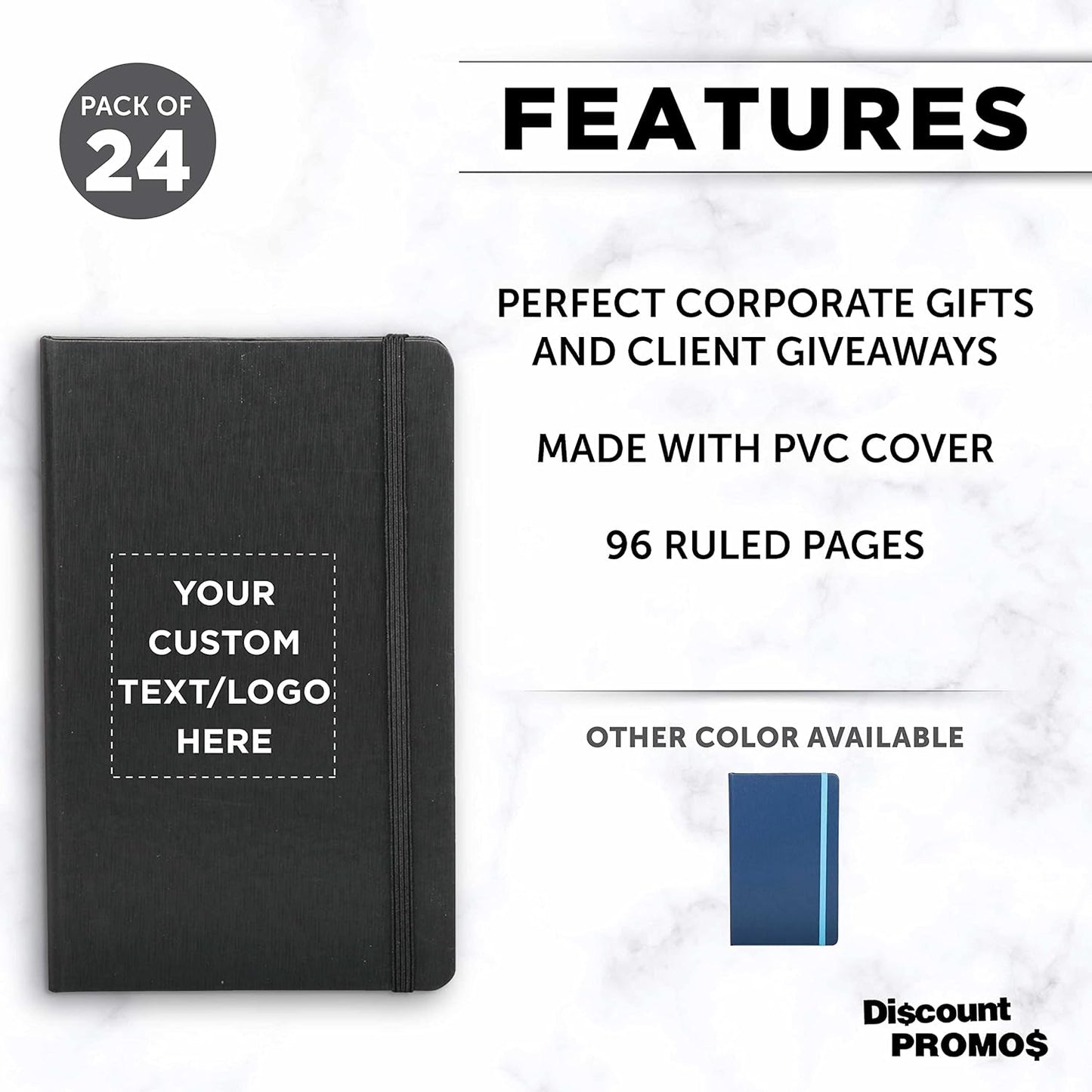 DISCOUNT PROMOS Custom Hardcover Notebook Journals with Elastic Colored Band Set of 24, Personalized Bulk Pack - Perfect for School, Office, Home - Black