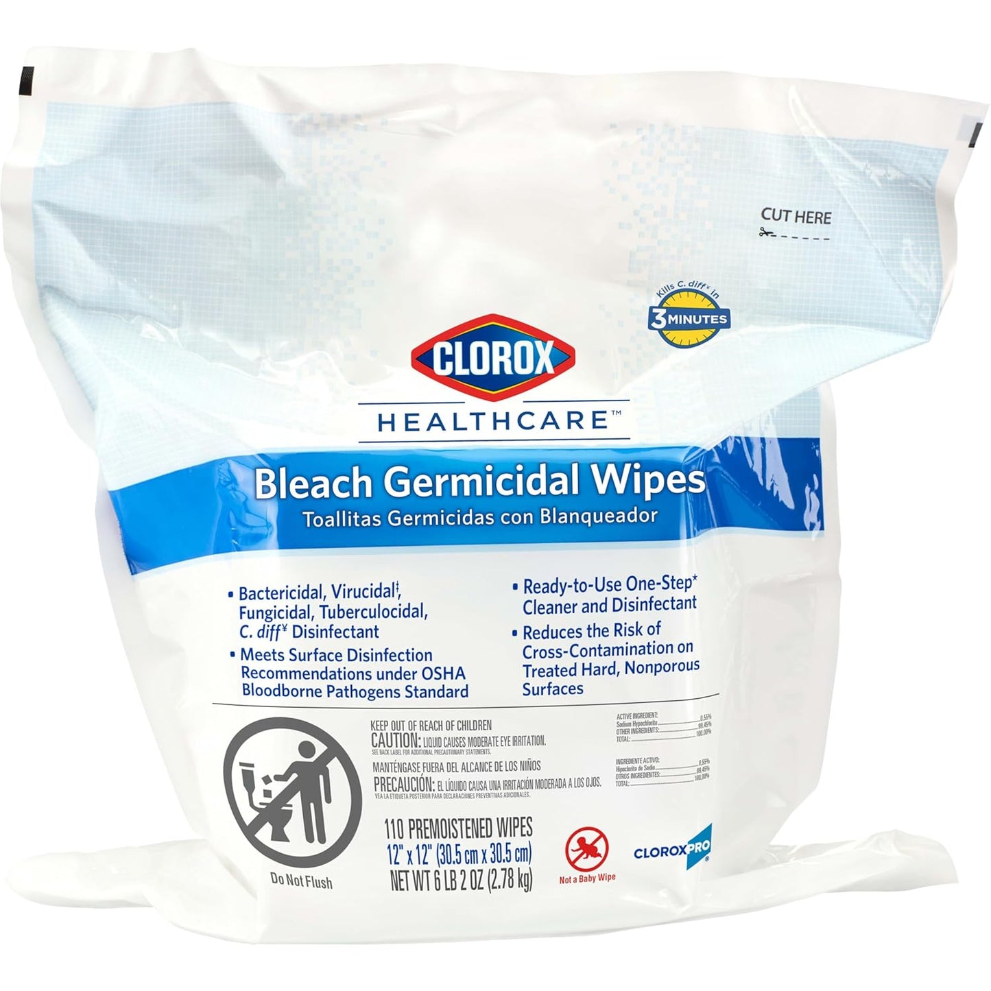 Clorox Healthcare Bleach Germicidal Wipes, 12" x 12", Refill for Bucket, 110 Count Pouch (Package May Vary)
