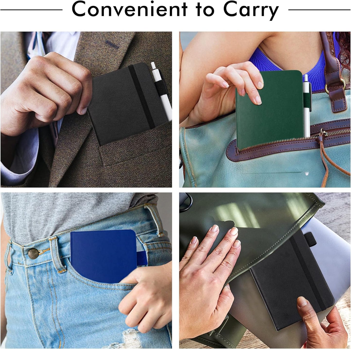 feela 15 Pack Pocket Small Notebooks Bulk, Mini Cute Notepads Hardcover College Ruled Lined Journals with Pen Holder for School Business, with 15 Black Pens, 3.5”x 5.5”, A6, Black Navy Dark Green