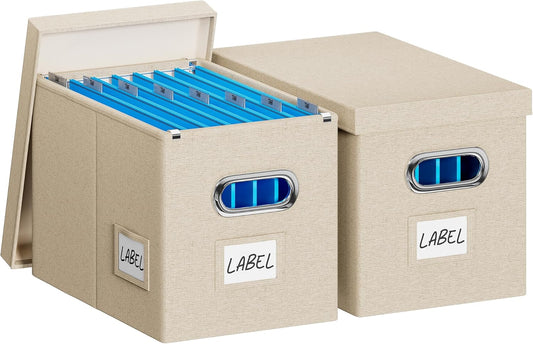 File Organizer Box with Lid - Set of 2 Portable Hanging filebox, Collapsible Linen Decorative Filing Storage Boxes for Office & Home File Cabinet (Beige 14 x 9.3 x 10.9 inch)