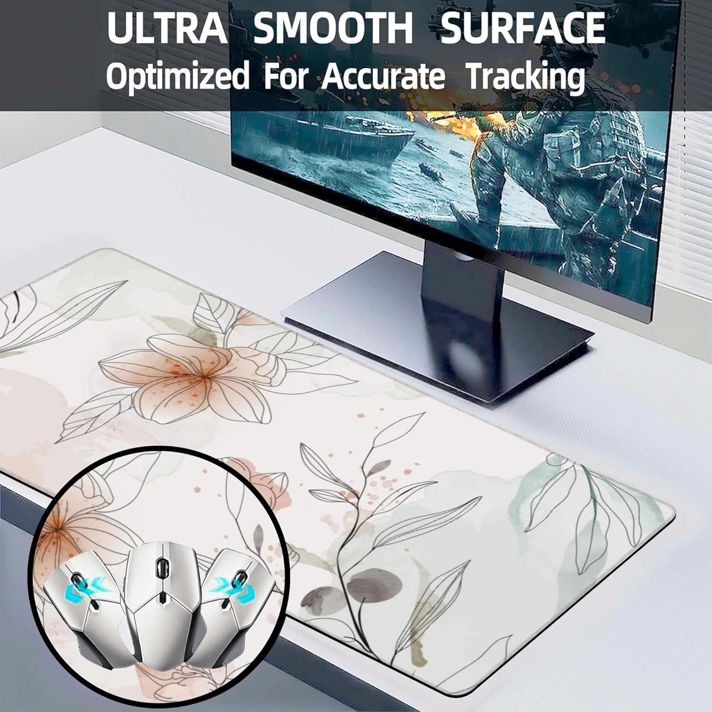 Desk Mat, Abstract Boho Flowers Extended Large Gaming Mouse Pad for Desk XXL, Non-Slip Rubber Base Stitched Edges Long Computer Keyboard Desk Pad Mouse Mat for Home Office Gaming 35.4"X15.7"
