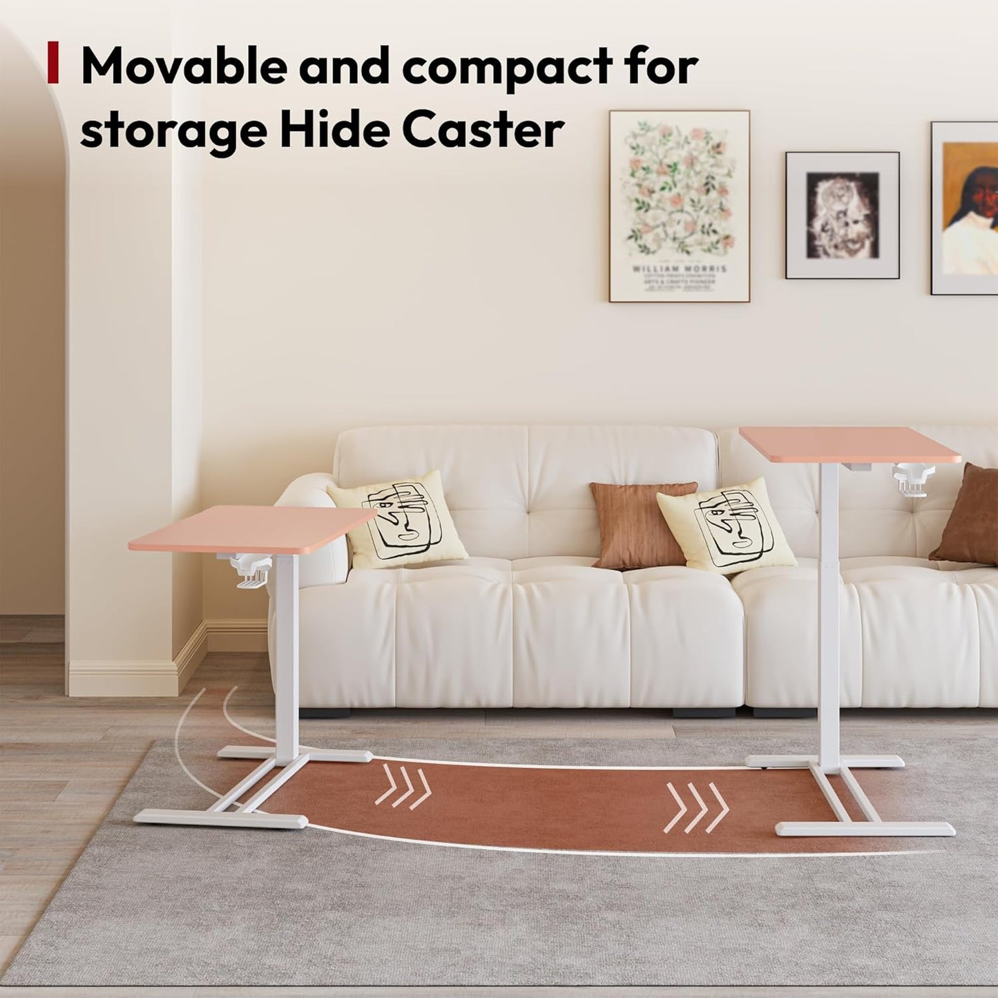 SANODESK Mobile Standing Desk with Hidden Wheels,Pneumatic Laptop Desk Rolling Computer Cart Movable Height Adjustable Small Sit Stand Desk for Home Office(31.5" W x 17.7" D, Pink)