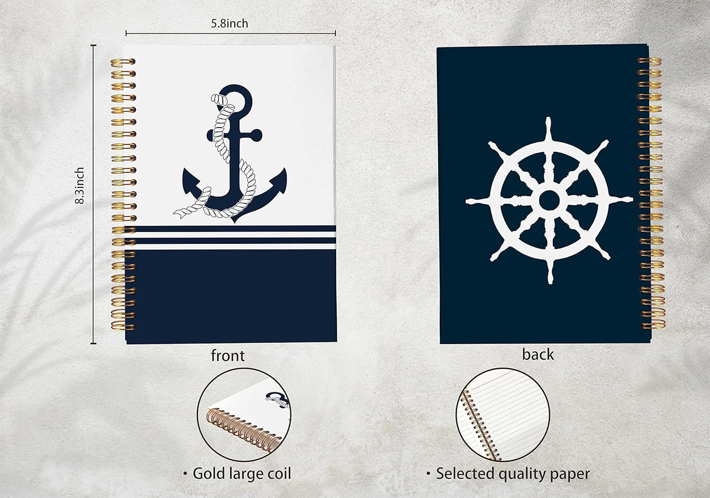Navy Nautical Anchor Rope Ship Steering Wheel Lined Spiral Journal Notebook 8.3×5.5 Inches Hardcover College Ruled Notebook for Work Note Taking Journaling,Ocean Lover Gifts,Sailor Gifts
