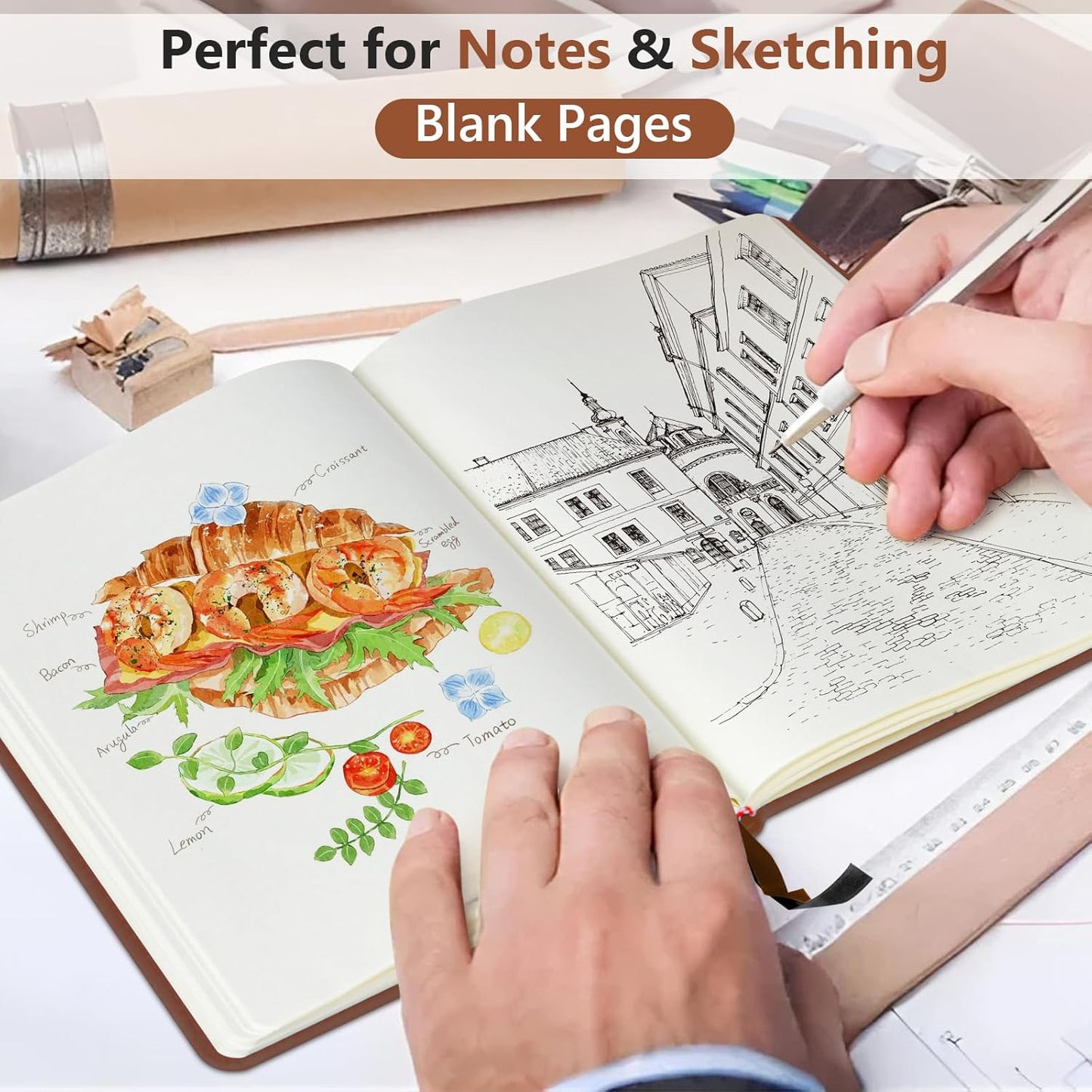 Blank Journal Ntebook for Men & Women, 160 Pages Blank Journals for Writing, Drawing,Sketch Book,5.9" x 8.5" Leather Sketchbook, Unlined Notebook for Work, School, Art - Brown