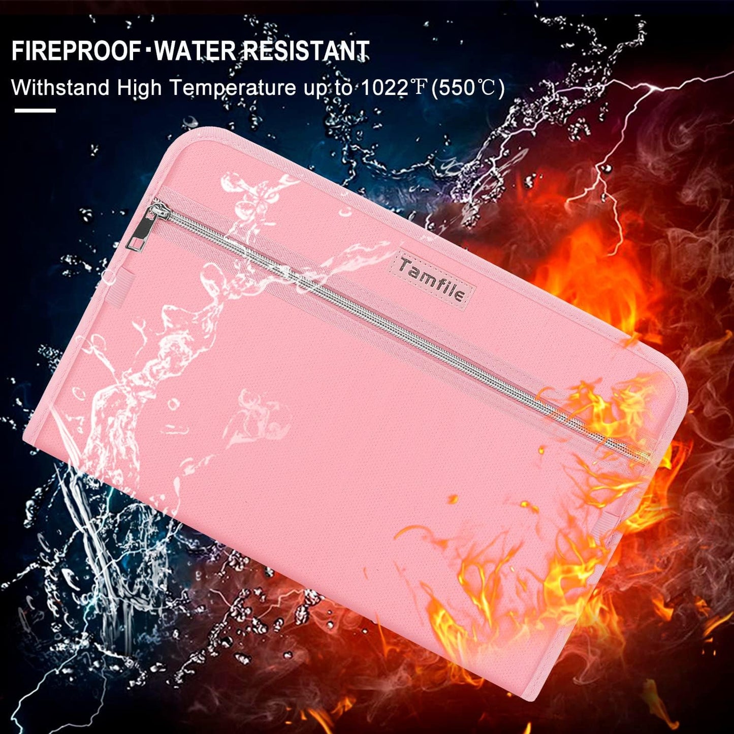 Fireproof Safe Accordion File Organizer Bag Folder,Waterproof Expanding Filing Folder with 14 Pockets, A4 Letter Size, Document Organizer Holder and Color Labels /2 Zipper (Pink 14.3" x 9.8")