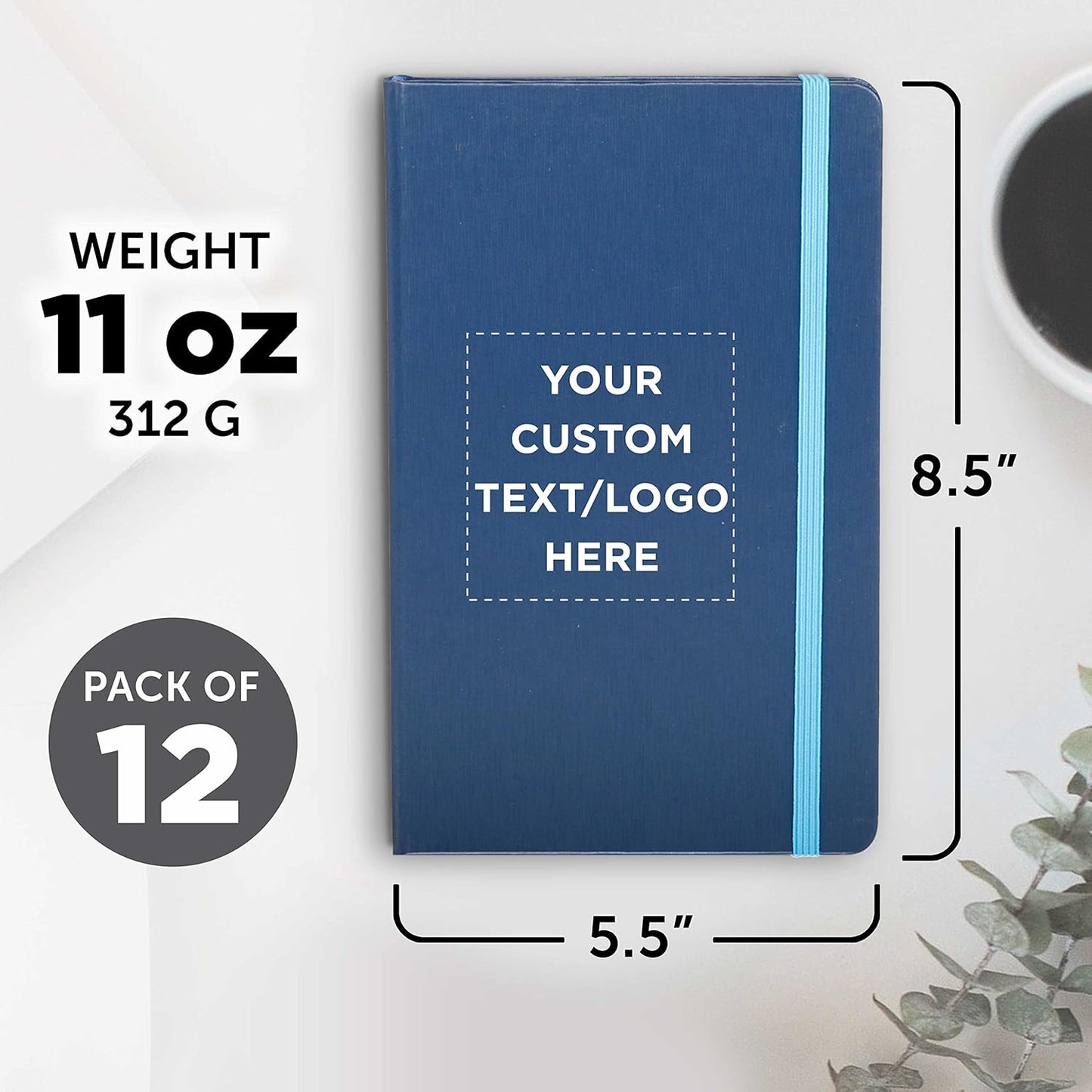 DISCOUNT PROMOS Custom Hardcover Notebook Journals with Elastic Colored Band Set of 12, Personalized Bulk Pack - Perfect for School, Office, Home - Blue