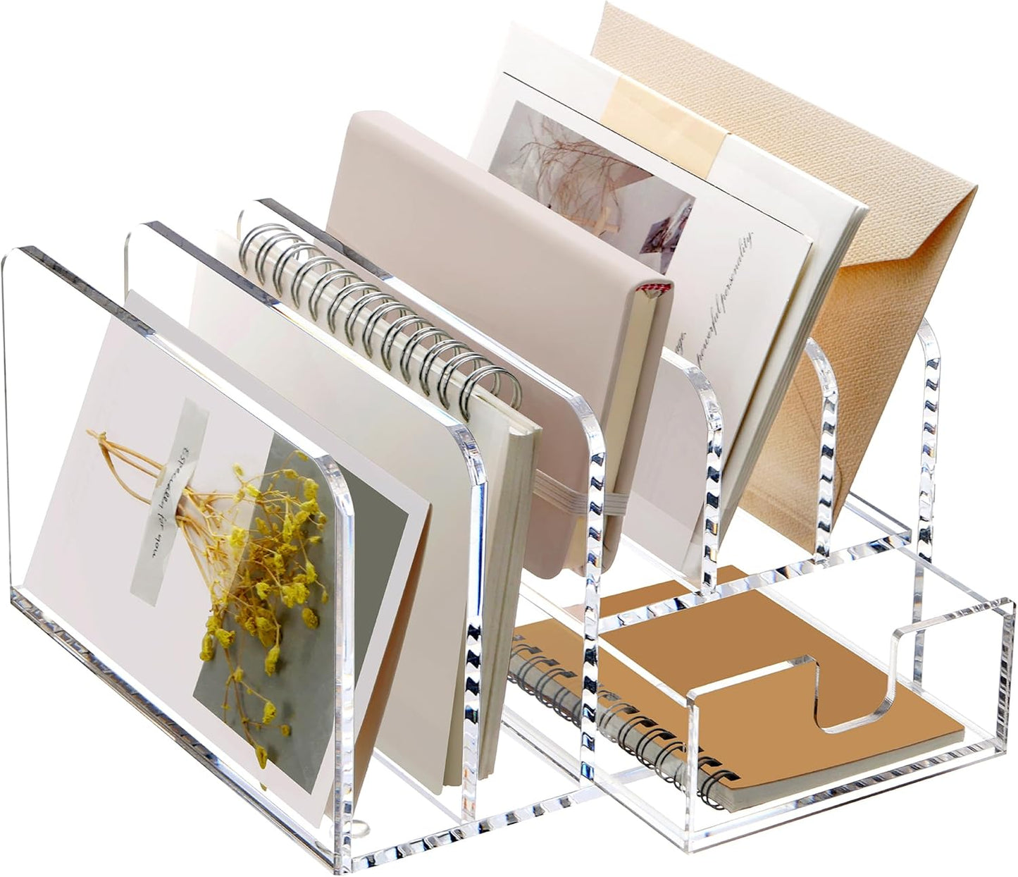 SANRUI Acrylic Mail Sorter Desktop Organizer Holder with Drawer, 5 Compartments Clear Small File Script Letter Document Storage for Desk Bill Filling Envelope Holder Office, Home, School Organization