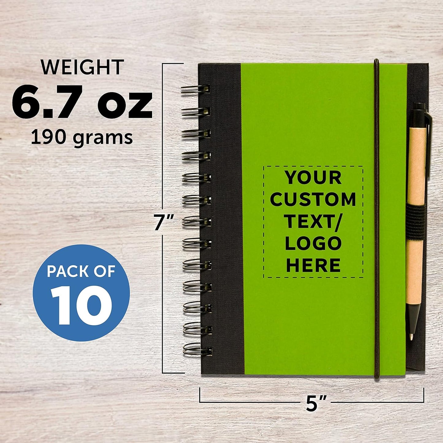 DISCOUNT PROMOS Custom Eco Block Notebooks with Pens Set of 10, Personalized Bulk Pack - Perfect for School, Office, Business, Home - Lime Green