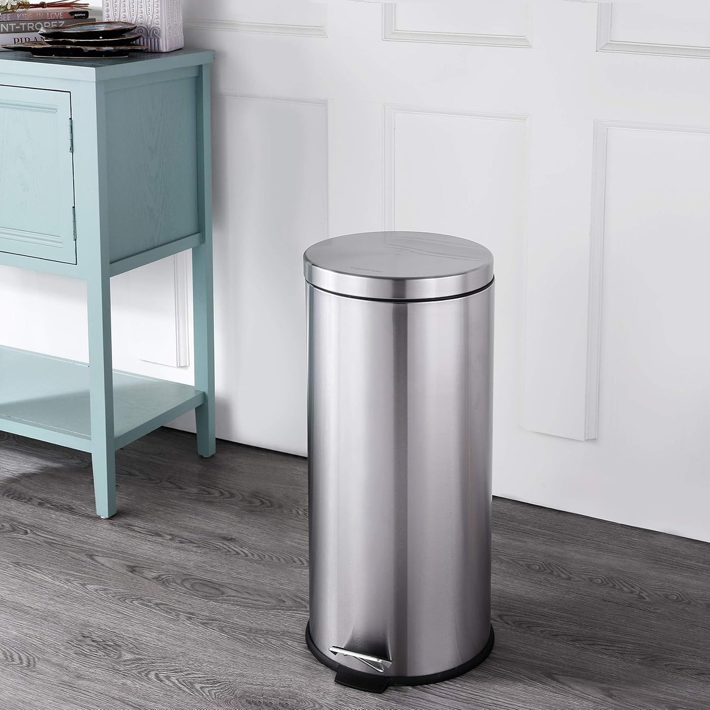 happimess HPM1000A Oscar 8-Gallon Step-Open Trash Can with Free Mini Trash Can, Modern, Fingerprint Proof for Home, Kitchen, Office, Large:7.9 Gallon Small:1.3 Gallon, Stainless Steel