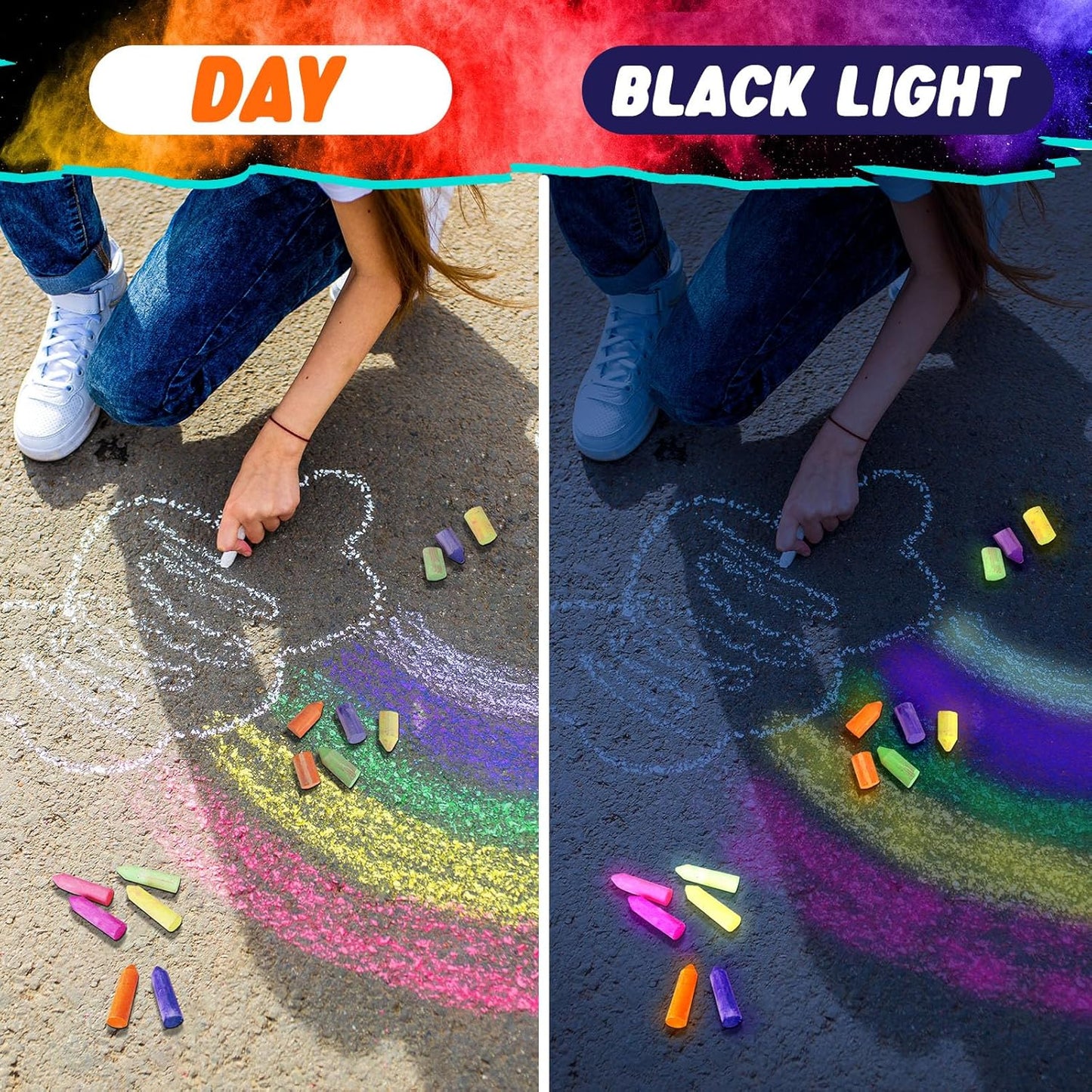 12 Pcs Glow in the Dark Chalk Under Blacklight, 6 Neon Colors Washable Dustless UV Sidewalk Chalk for Black Light Party Playground Chalkboard Birthday Gift and Outdoor Drawing (Cylindrical)