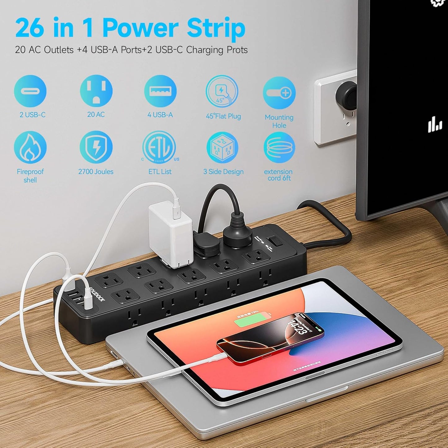 Flat Plug Power Strip Surge Protector with 20 AC Outlets 6 USB Ports, 1875W/15A, 2700 Joules, 6 Ft Heavy Duty Extension Cord with Multiple Outlets for Home, Office, Dorm, Gaming,ETL Listed