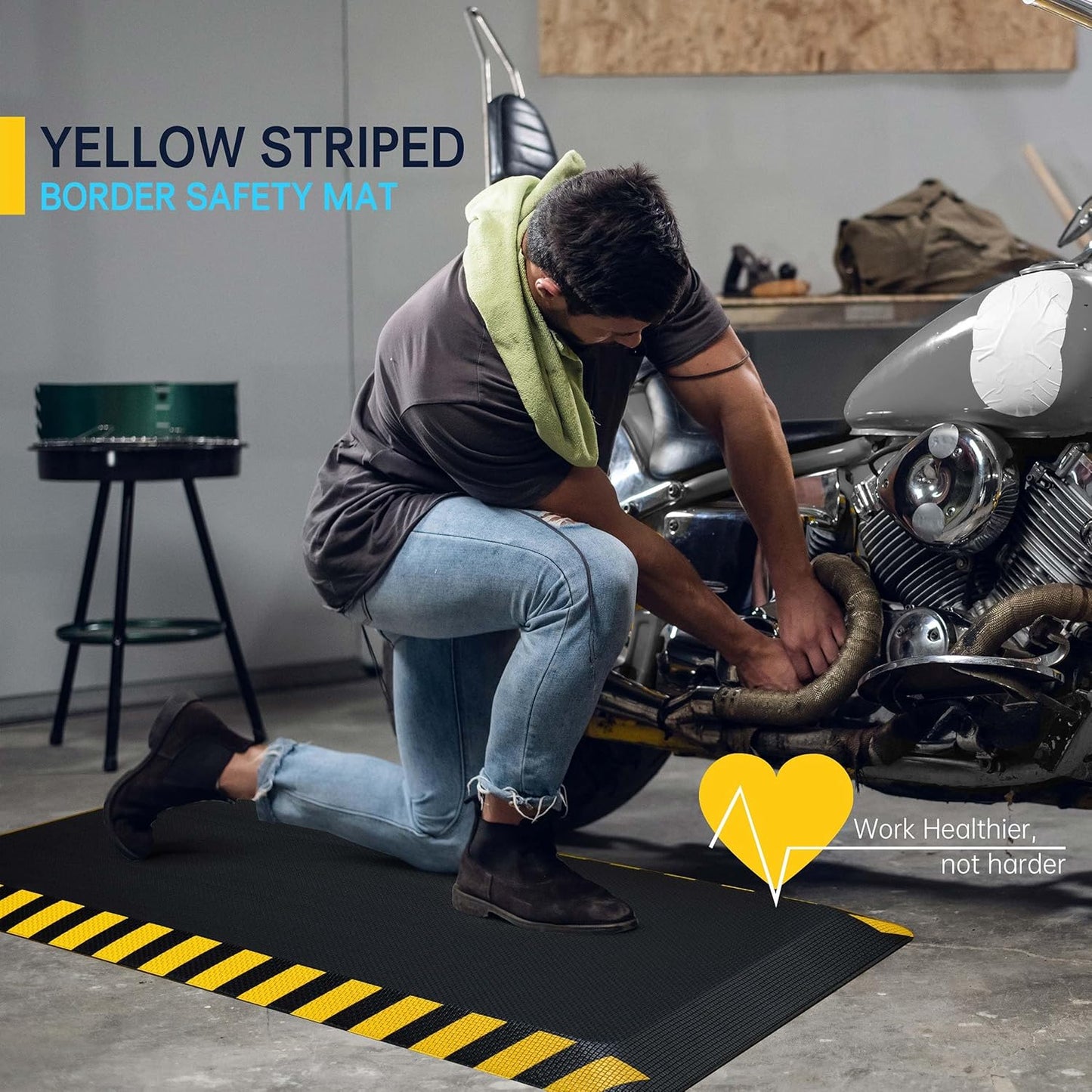 FEATOL Anti Fatigue Mats Industrial 8 Packs, Ergonomic Standing Floor Mat for Work for Stand, Black with Yellow Border Safety 20" x 39"-Support for Leg & Back Pain