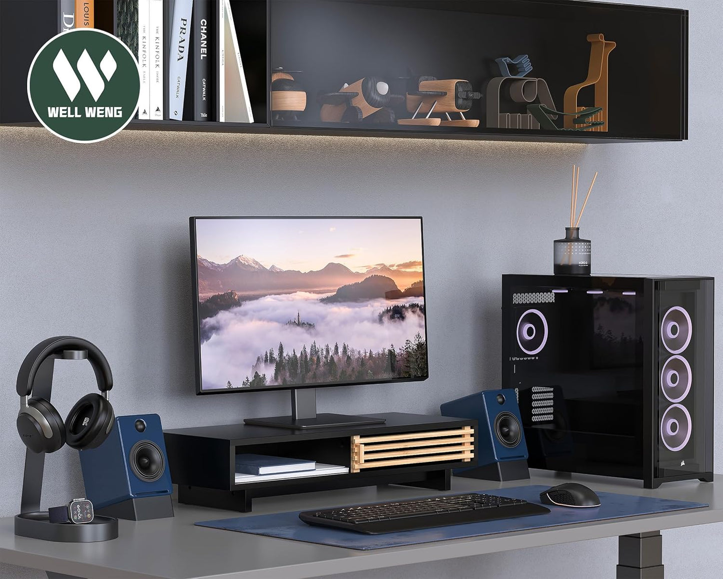 Monitor Stand Riser with Sliding Door, Computer Laptop Stand Desk Shelf Organizer with Storage (Black + Natural Bamboo, 25 Inch)