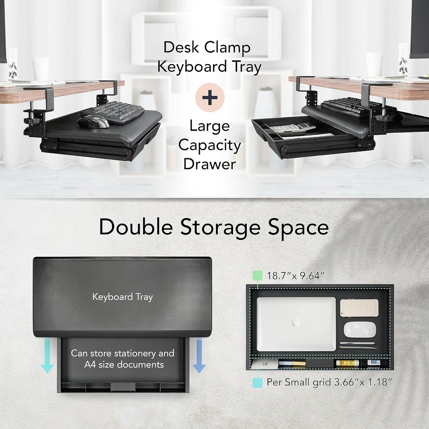 EHO Keyboard Tray with Drawer - Clamp On Under Desk Pull Out Extender Table Attachment Platform with Storage Organizer, Large 27.5" (31.8" Including Clamps) x 12.2", Height Adjustable for Home Office