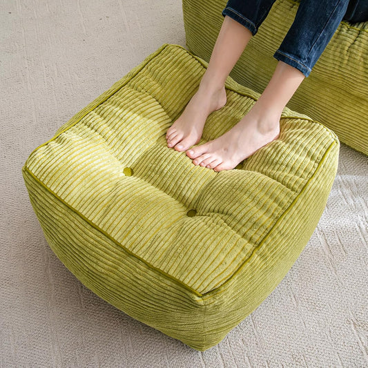 HIGOGOGO Square Stuffed Pouf Ottoman, Corduroy Poufs with Foam Chunk Filling, Furry and Fluffy Pouf Foot Stool Storage Ottoman, 21 X 21 Floor Poufs Foot Rest for Living Room, Green