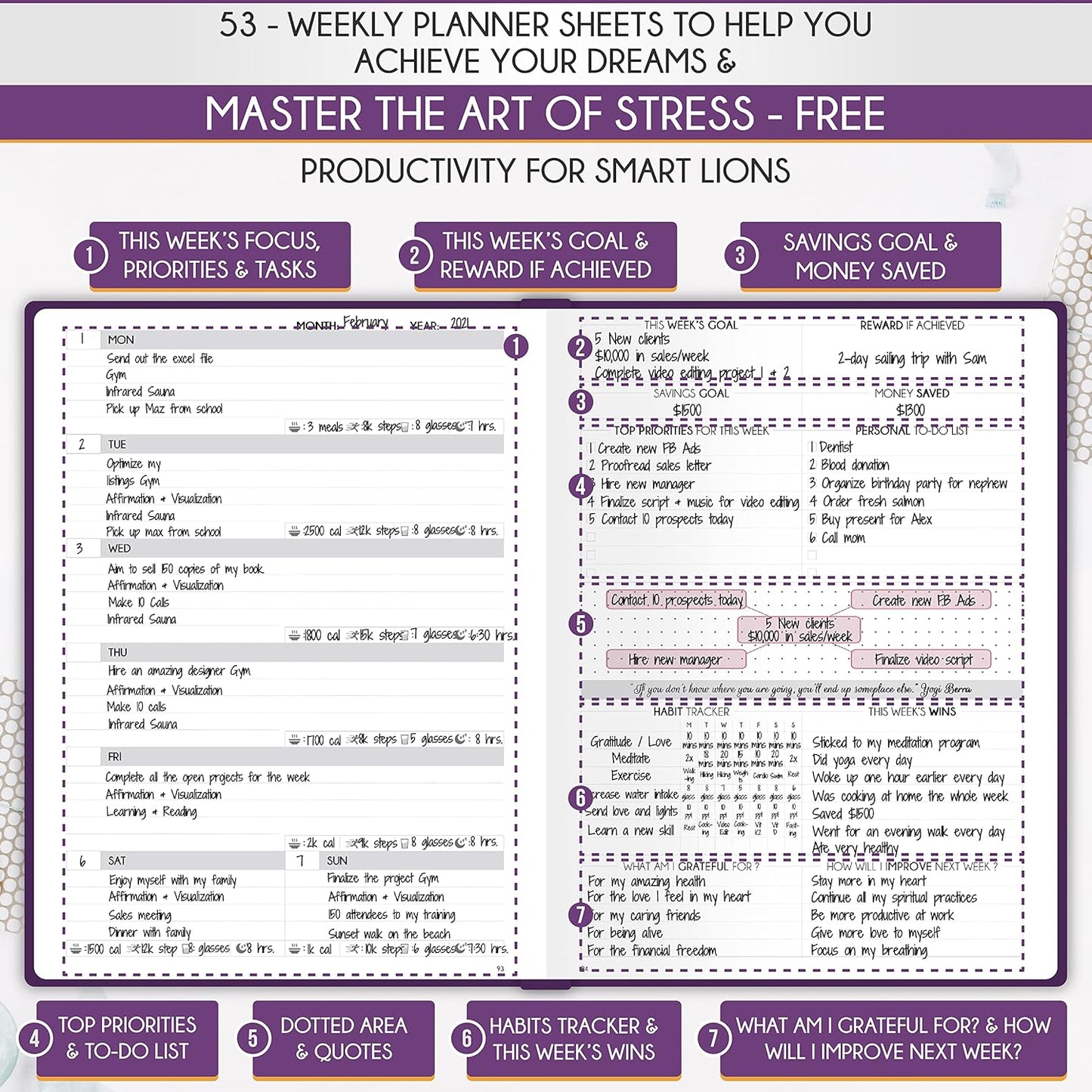 Life Planner - Undated Daily, Weekly & Monthly Planner with Budget Section | A 12 Month Journey to Increase Productivity & Happiness | Life Organizer & Gratitude Journal - Horizontal Format