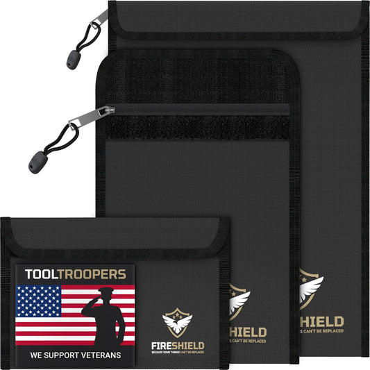 FIRESHIELD PRO Upgraded 2000°F Fireproof Document Bag 3-Pack – Fire & Water Resistant Money Pouch for Cash – Safe Storage for Family Photos, Jewelry, Passport & Important Documents – Size: S, M & L