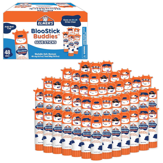 Elmer's BlooStick Buddies Glue Sticks, Disappearing Blue Glue Stick, Anti-Roll Cap, 6g, 48 Count, #1 Teacher Brand