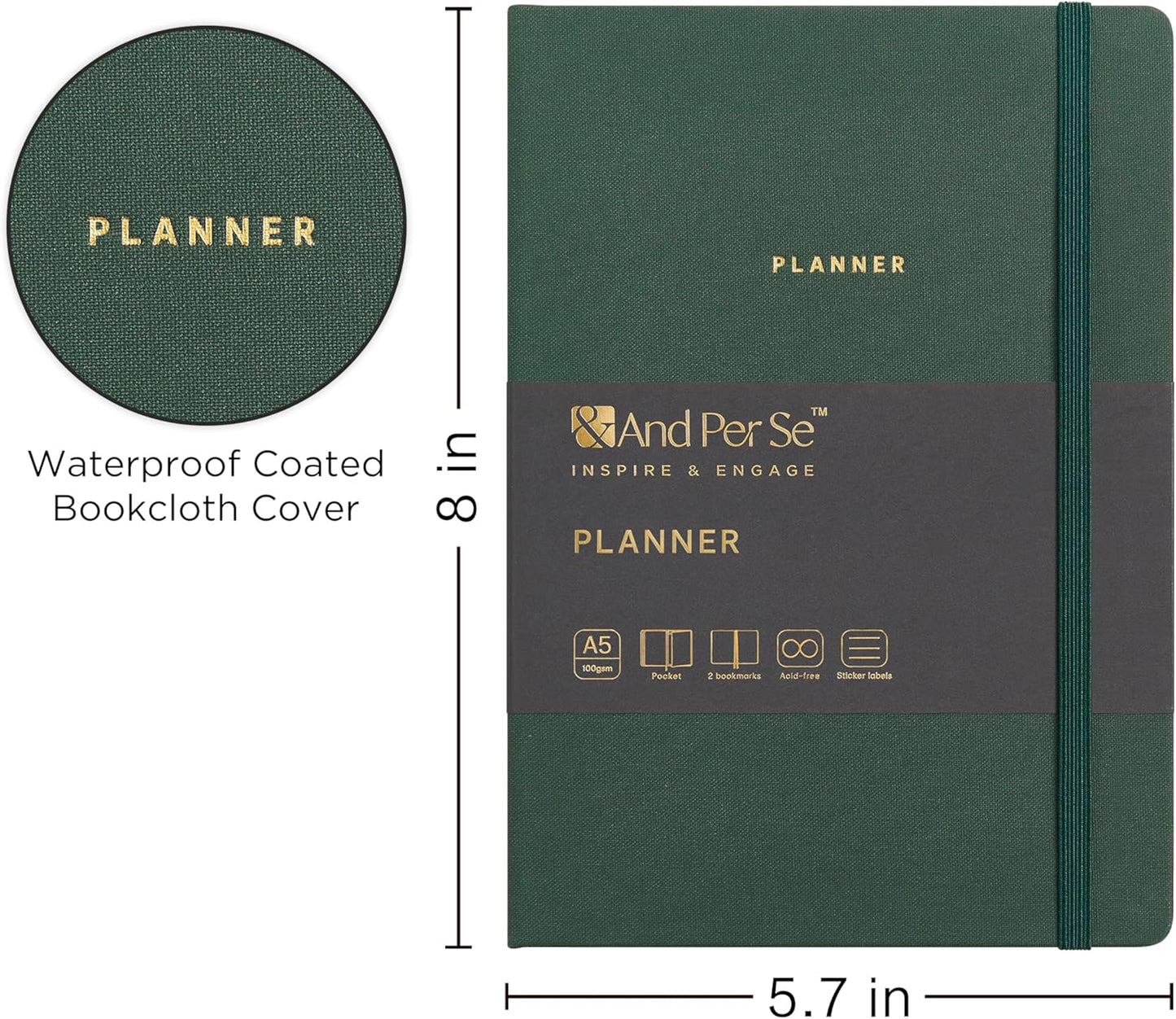 And Per Se Undated Academic Planner, A5 Weekly Calendar Planner, 72 Weeks Hardcover to Track Goals, Teacher Student Planning Book with Monthly Tab Stickers & Back Pocket (Green)