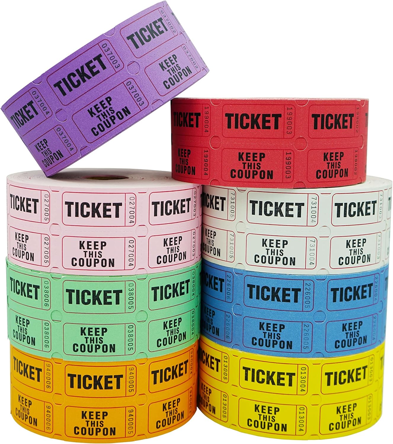 DNB 8000 Pairs Raffle Tickets - 8 Color Set of 1000 2 x 2 Inch 50/50 Double Roll Raffle Tickets - Pink/Red/White/Green/Blue/Yellow/Orange/Purple
