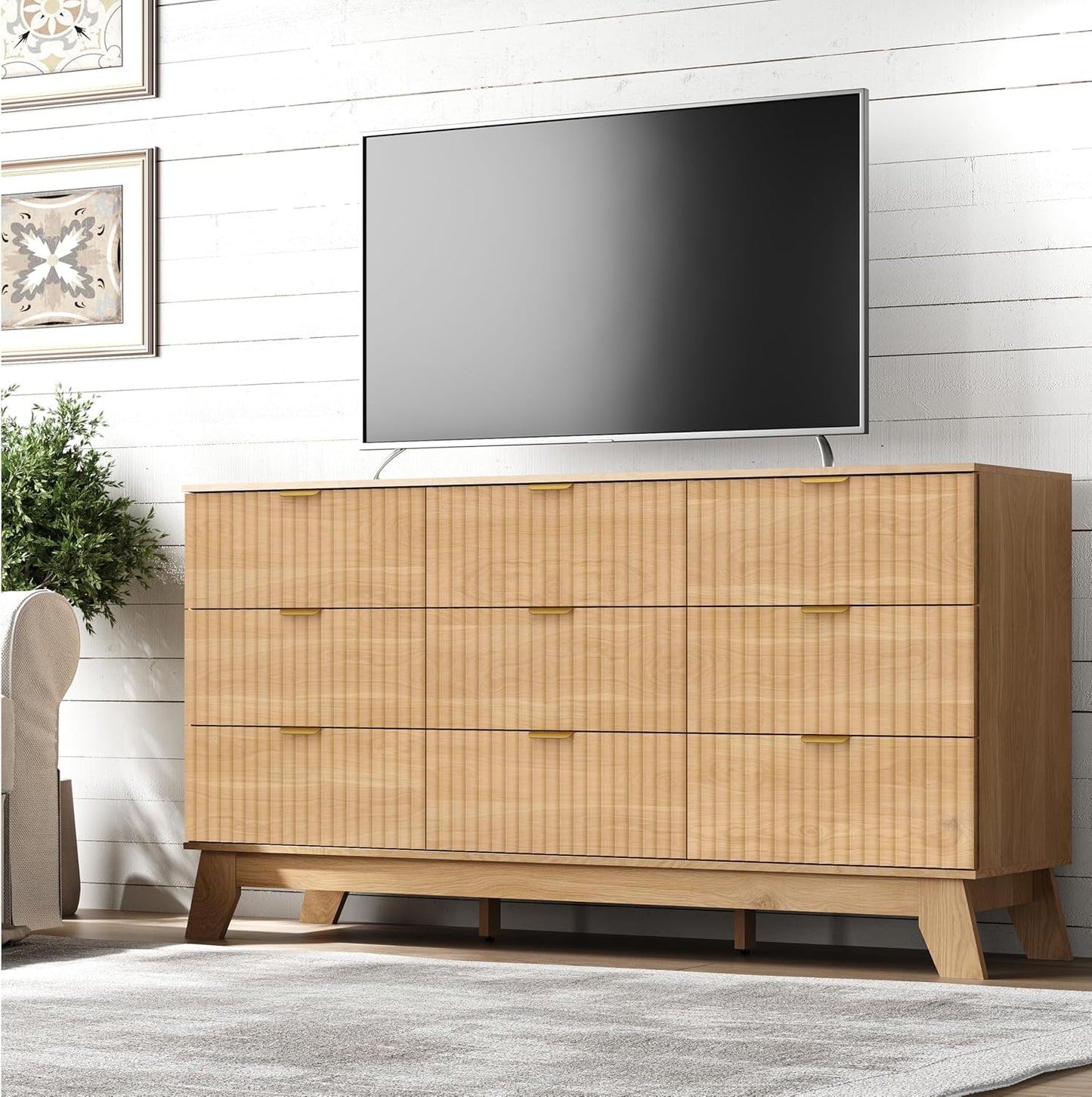 Fluted 9 Drawer Dresser, 57.1" Wide Modern Boho Chest of Drawers, Wooden Storage Dresser TV Stand for Bedroom, Living Room, Closet, Hallway, Curved Profile Design