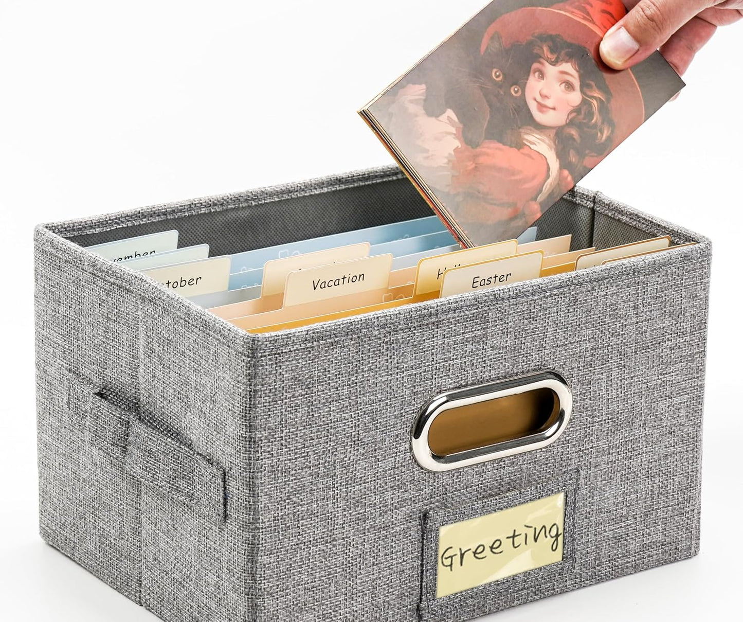 Greeting Card Organizer and Storage Box with 20 Pcs Adjustable Dividers, Storing Cards with 84 Pcs Labels Perfect for Storing Greeting Cards, Envelopes, Photos 1 Pack Grey