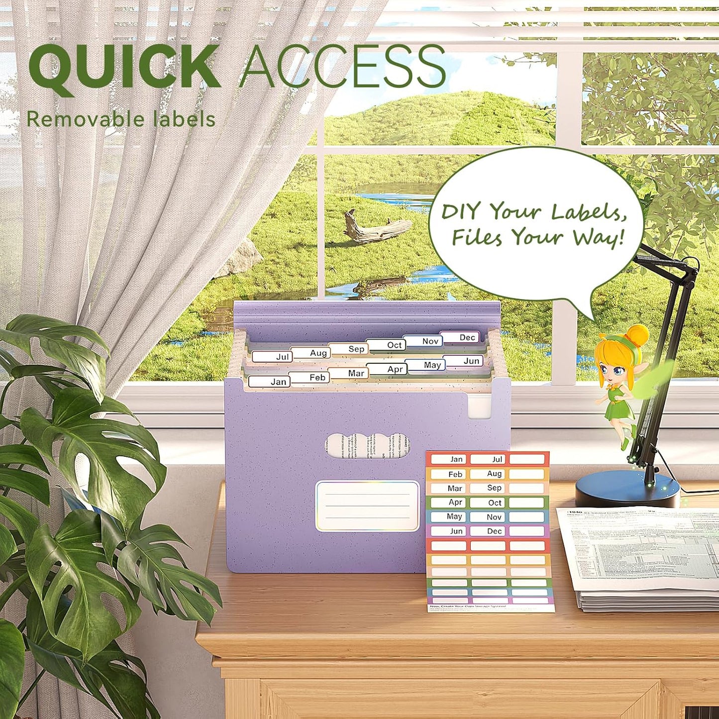 Accordion File Organizer, 13 Pockets Wheat Straw Expanding File Folder, Portable Monthly Paper Bill Tax Receipt Organizer, Letter A4 Size Document Holder with Colorful Tab-Lavender Purple