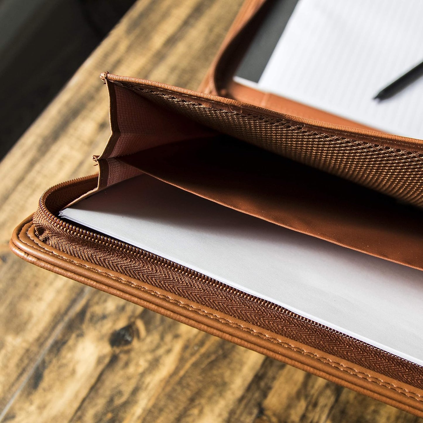 Cossini Premium Business Portfolio with Zipper – Padfolio - Superior Business Impressions Begin with PU Vegan Leather, 10.1 Inch Tablet Sleeve, Smart Storage, Solar Calculator, Writing Pad - Tan