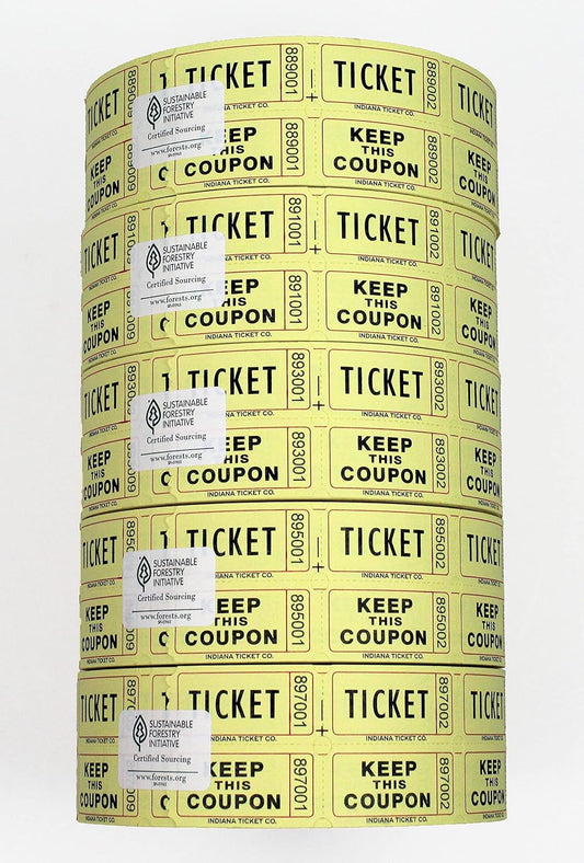 INDIANA TICKET CO. 10,000 Yellow CONSECUTIVELY Numbered Raffle Ticket Roll. 5 Rolls of 2,000, for Classroom Rewards, Events, Fundraisers, Door Entry, Raffles, Prizes, Drink/Food Tickets, & More