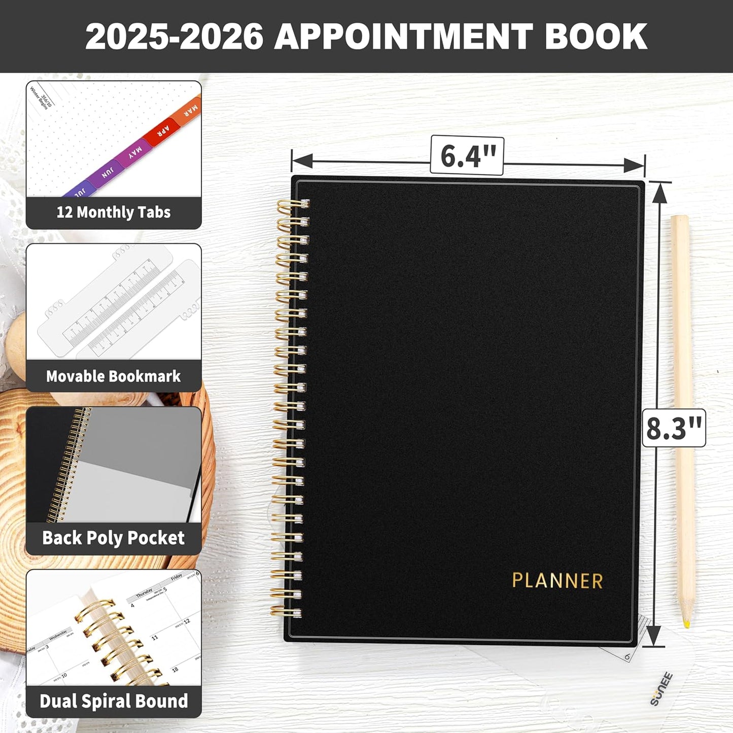 SUNEE 2025-2026 Appointment Book, Quarter-Hourly, Weekly & Monthly - from July 2025 to June 2026, 6.4"x8.3" Academic Planner, Flexible Cover, Note Pages, Bookmark, Spiral Binding, Black