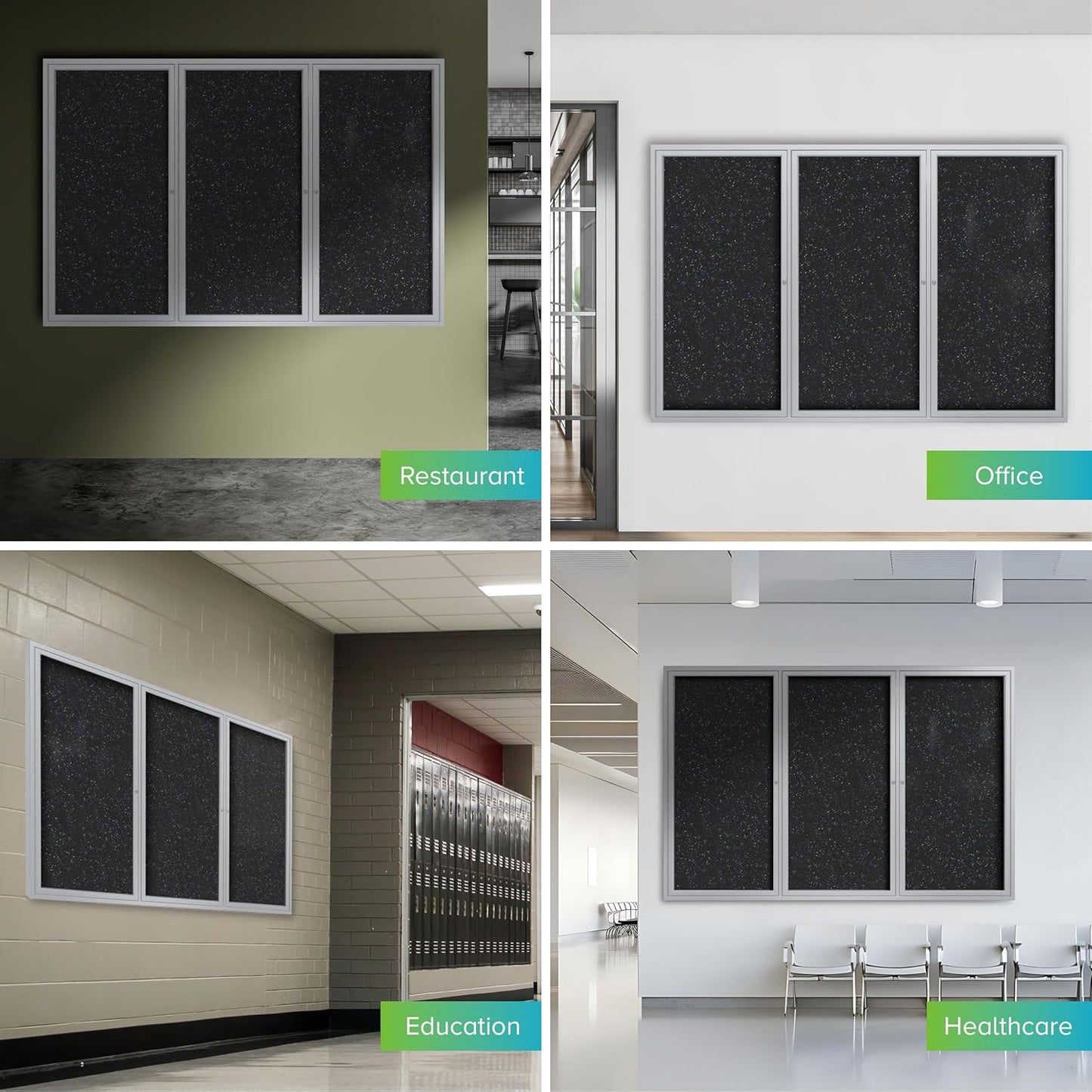 Ghent 48" x 96" 3-Door indoor Enclosed Recycled Rubber Bulletin Board, Shatter Resistant, with Lock, Satin Aluminum Frame,Confetti (PA34896TR-CF)-Made in USA