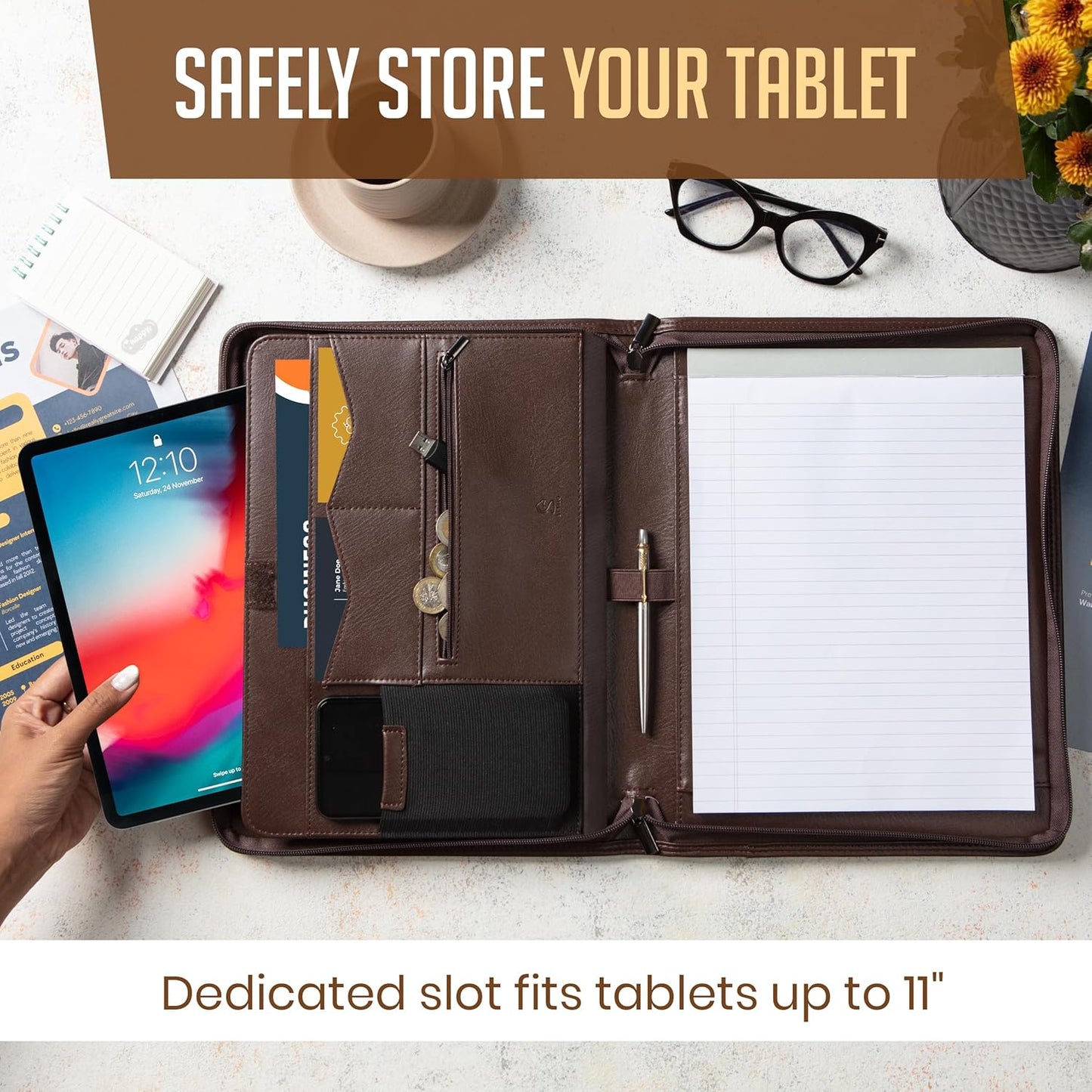 STYLIO Zipper Padfolio Portfolio Binder Organizer (Walnut Color) | Faux Leather Portfolio for Resume, Documents, Phone, Tablet, Business Supplies and Cards | Letter Sized Notepad Included | Brown