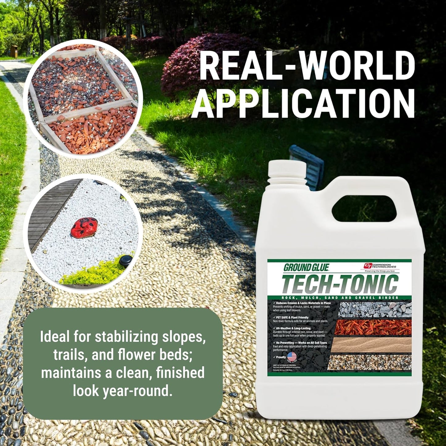 Ground Glue Tech-Tonic Landscape Adhesive for Rock, Mulch, and Sand, Weatherproof Long-Lasting Stabilizer for Trails & Slopes, Pet-Safe Binder for Pea Gravel, Bark & Flower Beds, 32 Fl. Oz.