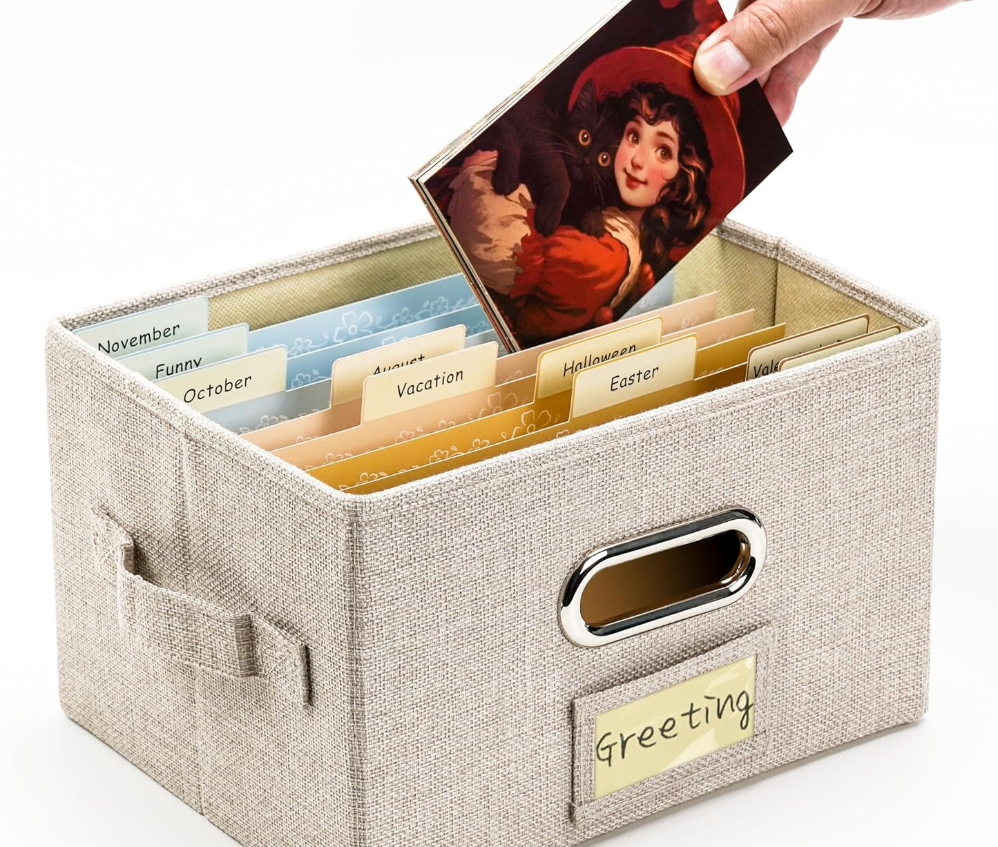 Greeting Card Organizer and Storage Box with 20 Pcs Adjustable Dividers, Storing Cards with 84 Pcs Labels Perfect for Storing Greeting Cards, Envelopes, Photos 2 Pack Beige