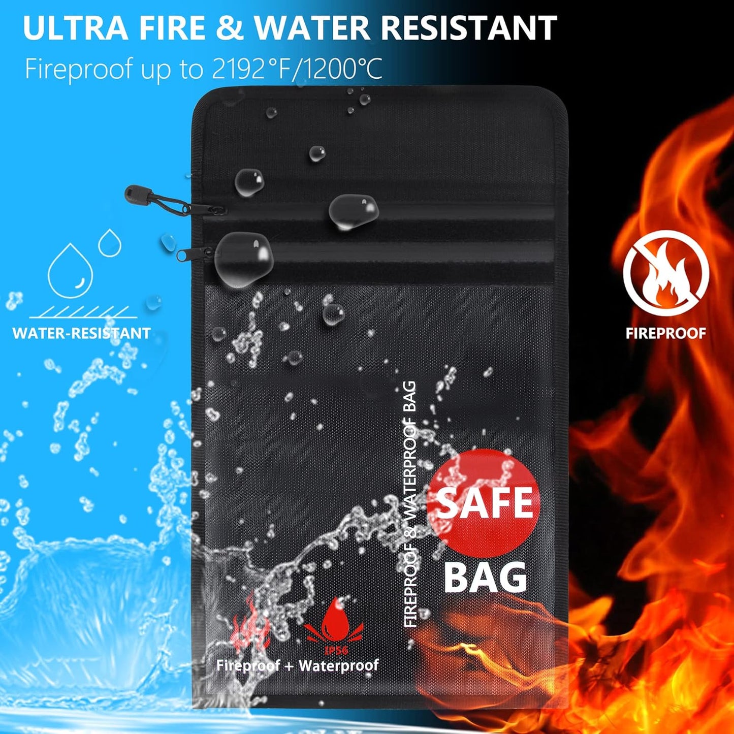 Fireproof Document Bag (2000℉) Upgraded 2 Pockets, GEMEK 15”x 11” Fireproof and Waterproof Money Bag Fireproof Safe Storage for Money, Documents, Jewelry and Passport (Black - 2 Zipper)