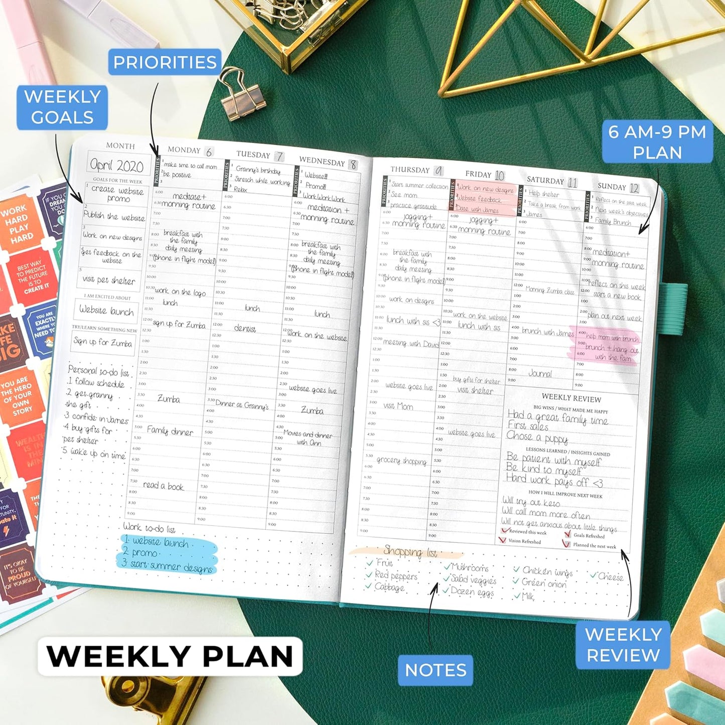 Legend Planner Hourly Schedule Edition – Deluxe Weekly & Daily Organizer with Time Slots. Time Management Appointment Book Journal for Work & Personal Life, Undated, A5 Hardcover – Viridian Green