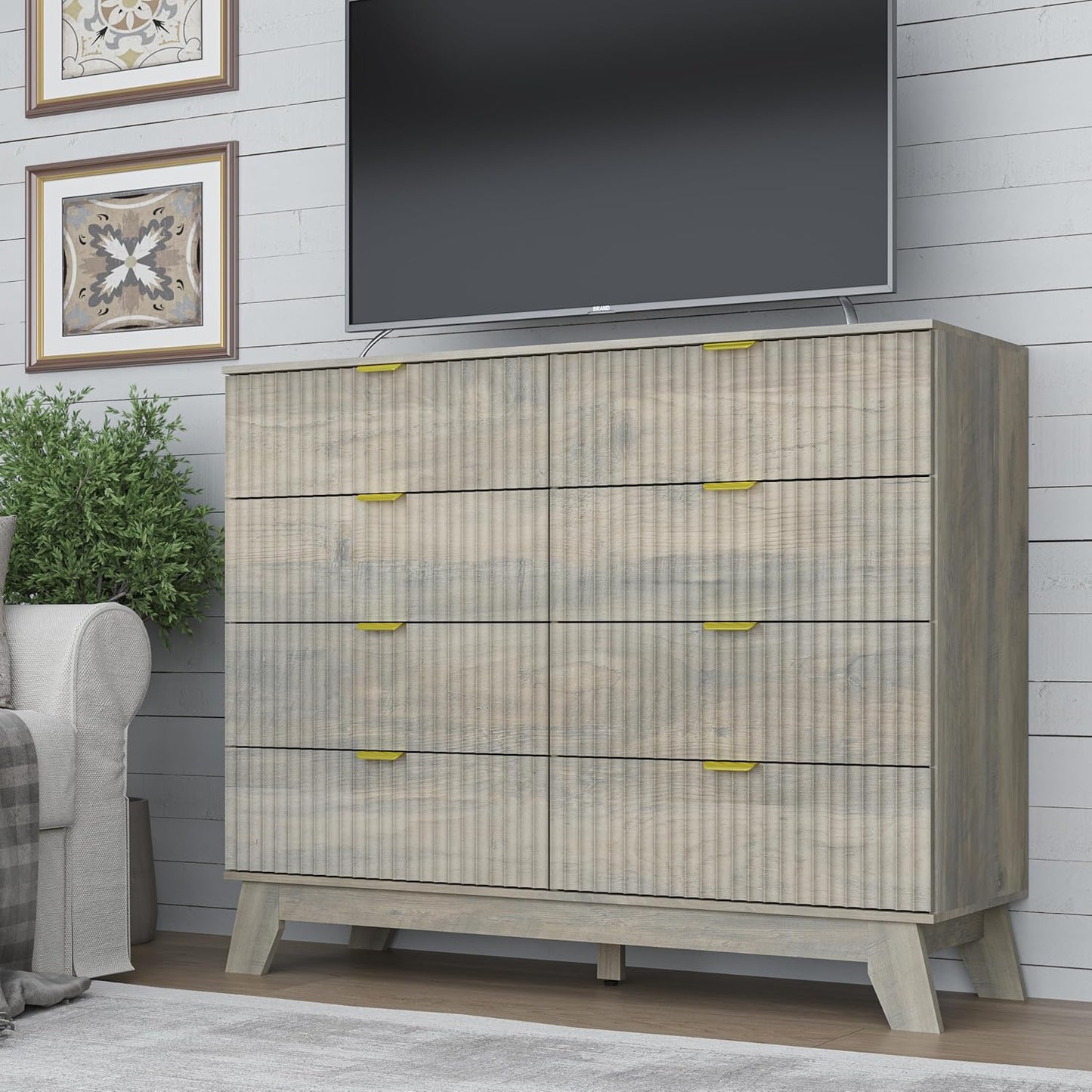 Fluted 8 Drawer Tall Dresser, 47.2" Wide Modern Boho Chest of Drawers, Wooden Storage Dresser TV Stand for Bedroom, Living Room, Closet, Hallway, Curved Profile Design