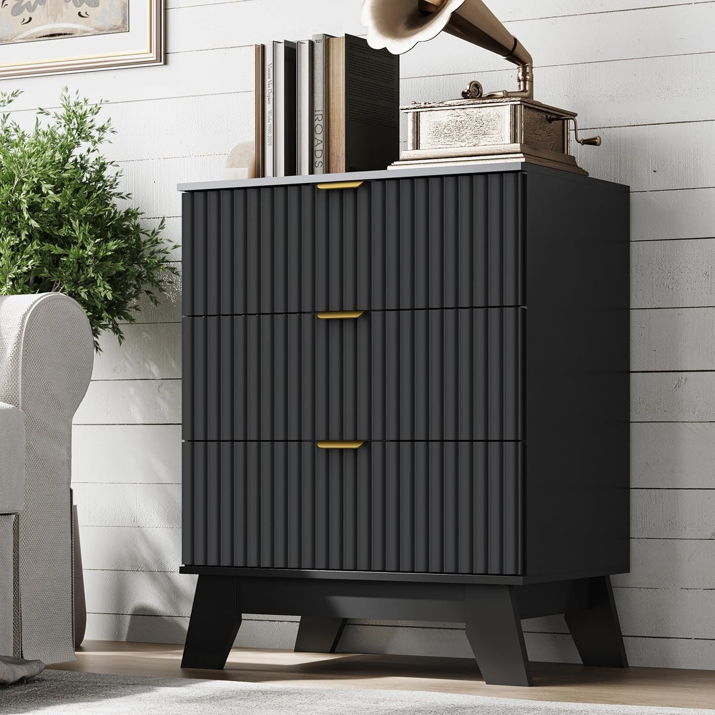 Fluted 3 Drawer Dresser, 30.3" Tall Compact Modern Boho Chest of Drawers, Wooden Storage Cabinet for Bedroom, Living Room, Entryway, Curved Profile Design